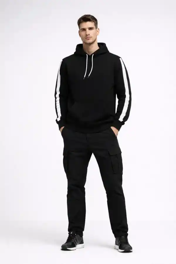 Erkek Şeritli Kapüşonlu Sweatshirt Oversize 3 iplik Pamuklu Hoodie - Siyah