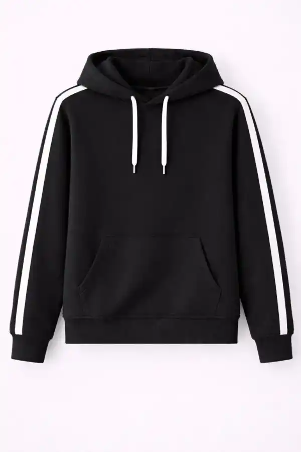 Erkek Şeritli Kapüşonlu Sweatshirt Oversize 3 iplik Pamuklu Hoodei - Siyah