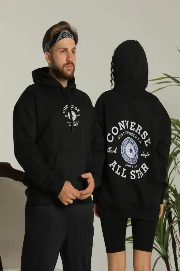 Erkek Sırt Baskılı Oversize 3 İplik Kapüşonlu Hoodie Sweatshirt - Siyah