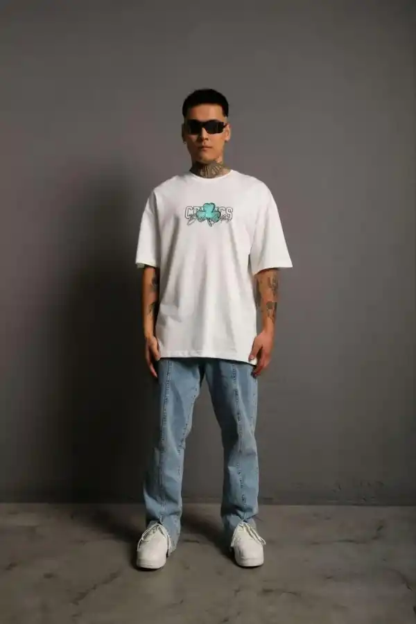 Erkek Kısa Kol Yazlık Tişört Bisiklet Yaka Baskılı Oversize T-Shirt - Beyaz