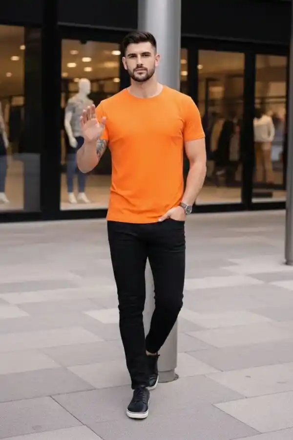 Erkek Body Tişört Bisiklet Yaka Slim Fit Likralı T-Shirt - Turuncu