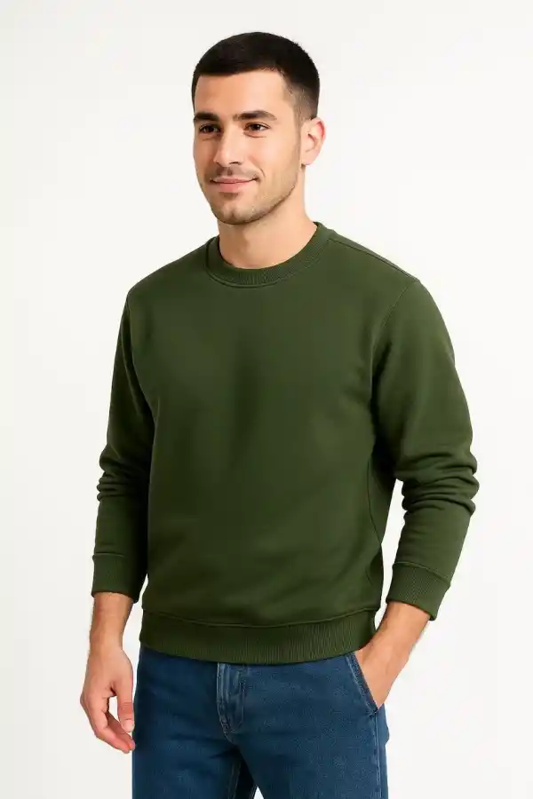 Erkek 3 İplik Pamuklu Düz Bisiklet Yaka SweatShirt - Haki