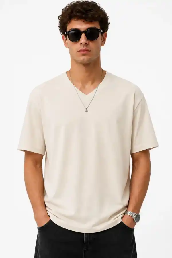 Erkek V Yaka Basic Tişört Kısa Kol Yazlık Regular Fit T-Shirt - Bej