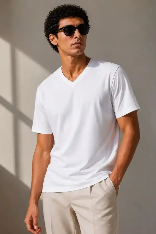 Erkek V Yaka Basic Tişört Kısa Kol Yazlık Regular Fit T-Shirt - Beyaz