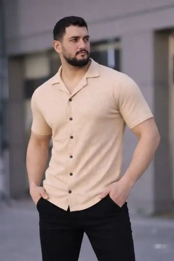 Erkek Waffle Kumaş Kısa Kollu Düğmeli Açık Yaka Regular Fit Gömlek - Bej