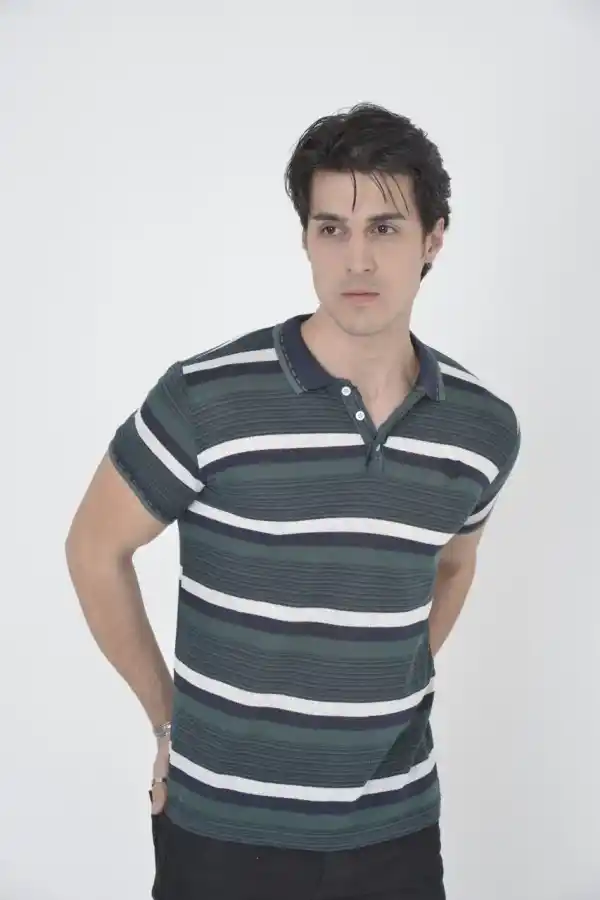 Erkek Polo Yaka tişört Slim Fit Dokuma Çizgili  Kısa kol T-Shirt - Haki