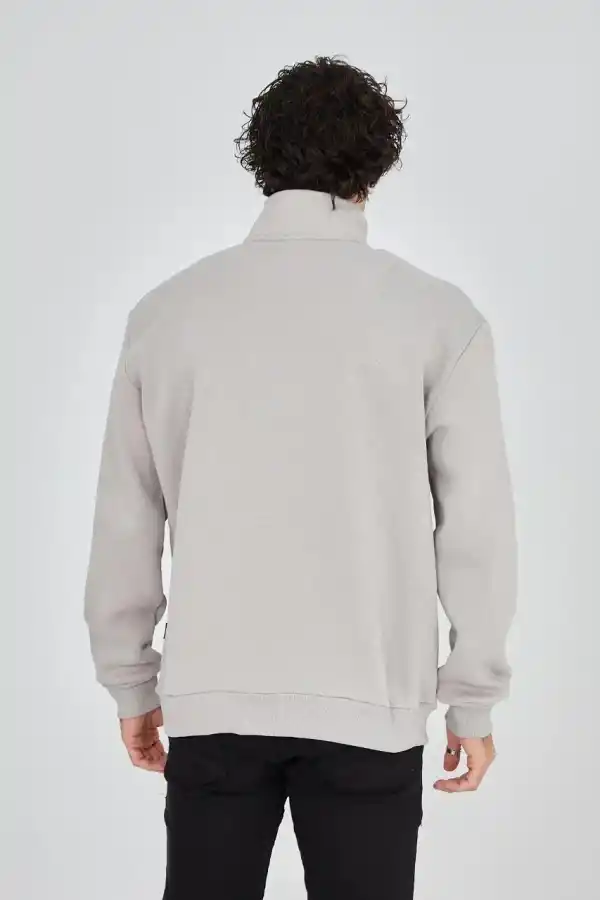 Erkek Yarım Fermuarlı Baskılı 3 iplik pamuklu sweatshirt - Boyalı Gri