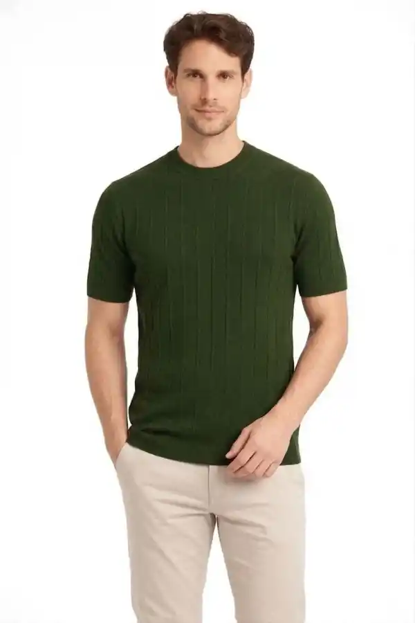 Erkek Yazlık Fitilli Triko Tişört Kısa Kol Bisiklet Yaka T-Shirt - Haki