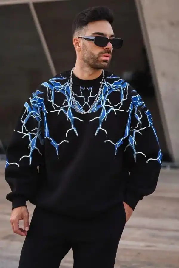Erkek Yıldırım Baslılı Bisiklet Yaka 3 iplik pamuklu Sweatshirt - Siyah