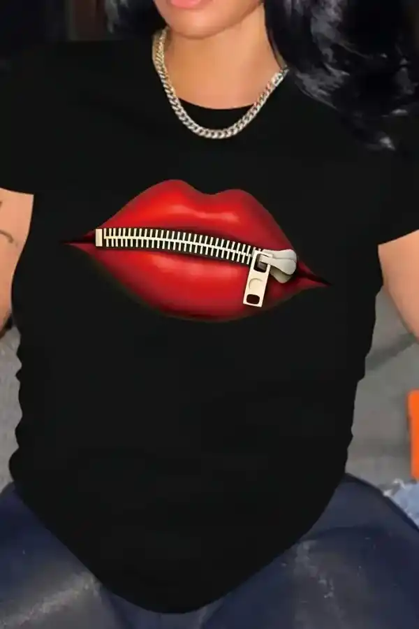 Kadın Kısa Kol Yazlık Tişört Bisiklet Yaka Dudak Baskılı T-Shirt - Siyah