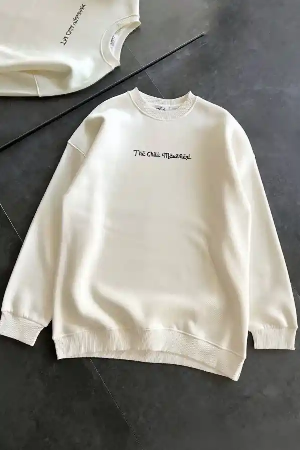 Kadın 3 İplik Pamuklu Bisiklet Yaka Baskılı SweatShirt - Beyaz