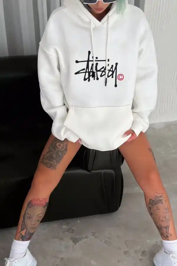 Kadın Oversize Kapüşonlu Cepli Baskılı 3 İplik Pamuklu Hoodie Sweatshirt - Beyaz