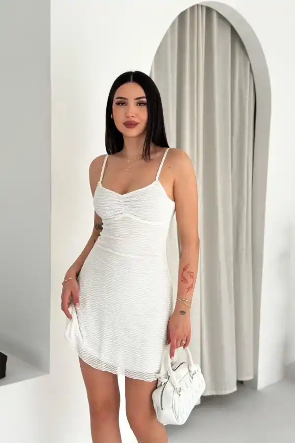 Kadın Askılı Mini Elbise Drapeli Göğüs Detay Likralı Yazlık Fit - Beyaz