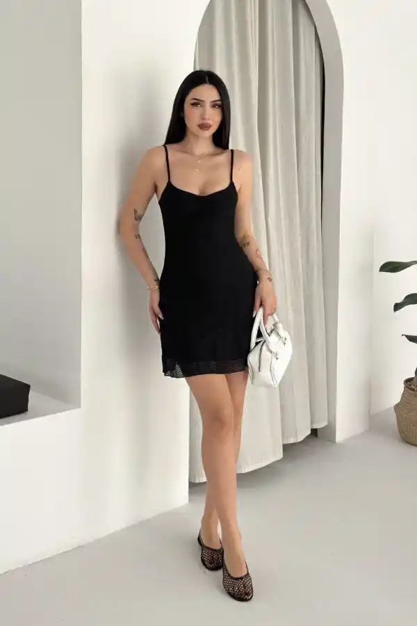 Kadın Askılı Mini Elbise Drapeli Göğüs Detay Likralı Yazlık Fit - Siyah
