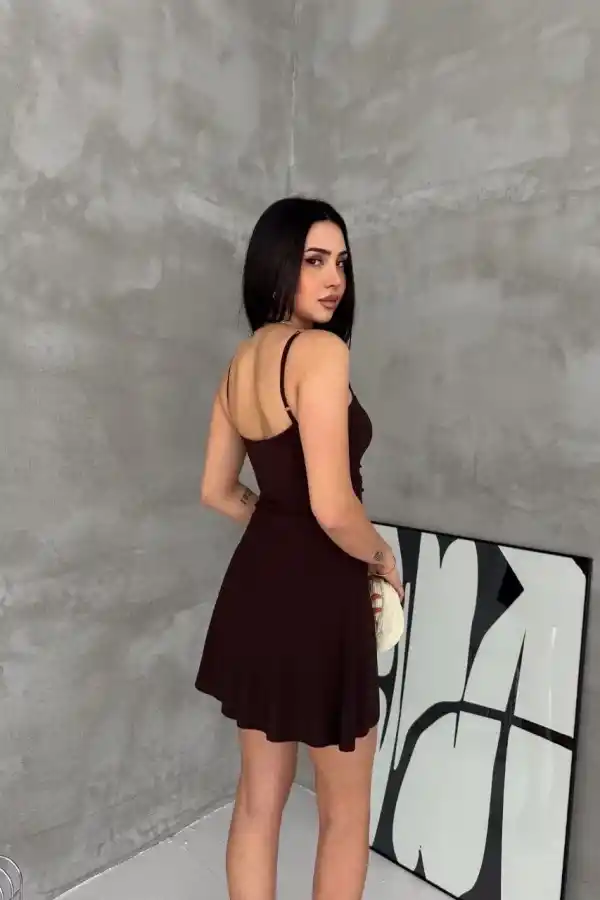Kadın Askılı Şifon Mini Elbise Drapeli Bel Vücuda Oturan Yazlık Şık - Kahverengi