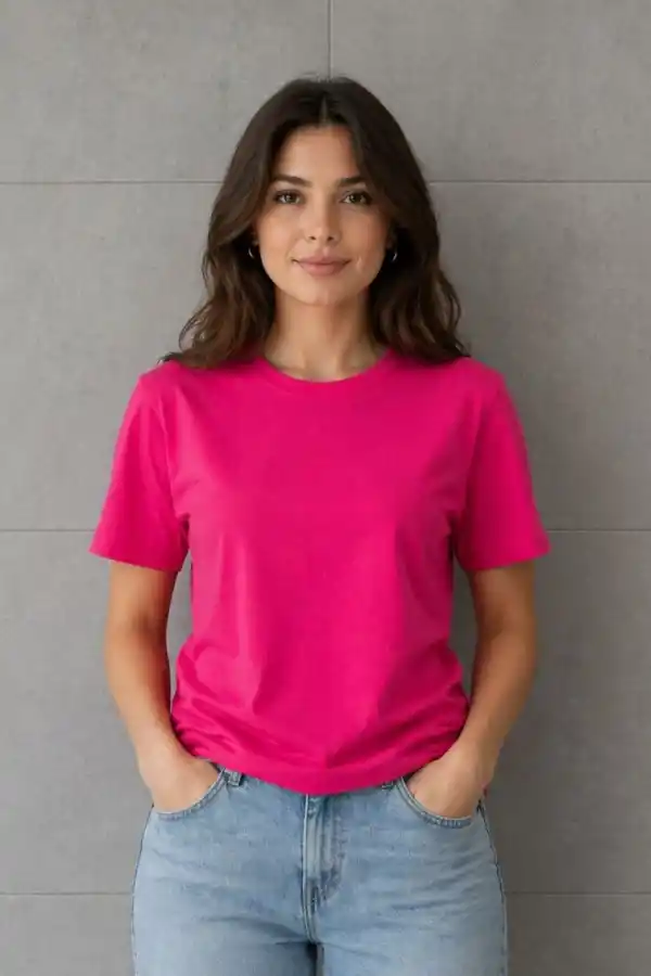 Kadın Basic Pamuklu Tişört Bisiklet Yaka Düz Renk Relaxed Fit T-Shirt - Fuşya