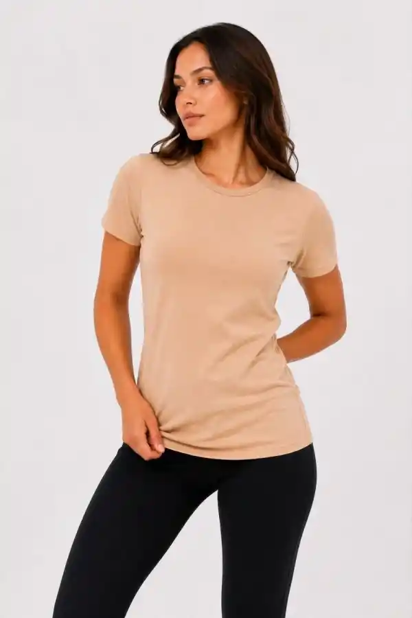 Kadın Basic Tişört Bisiklet Yaka Kısa Kol Günlük Yazlık Slim fit T-Shirt - Bej
