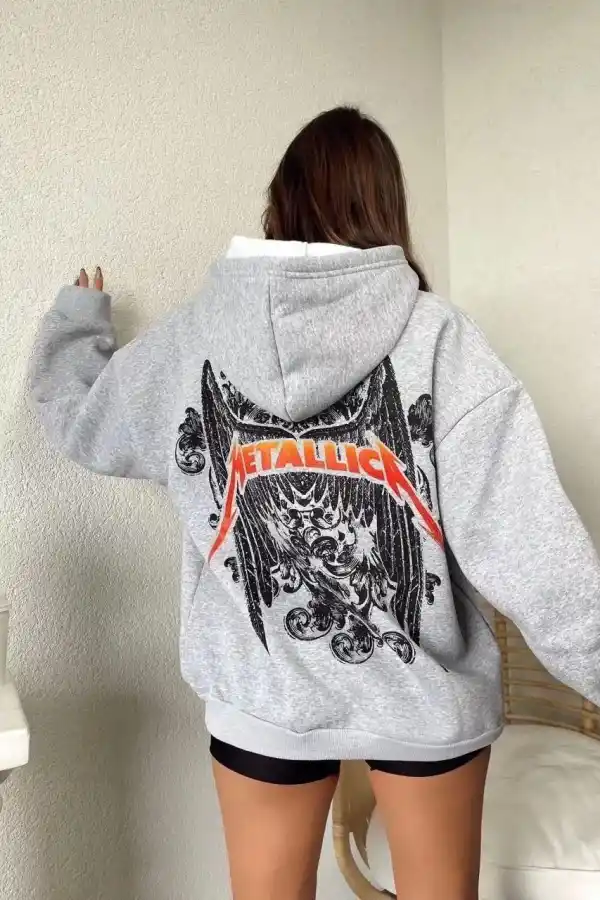 Kadın 2 İplik METALLICA Baskılı Kapüşonlu Sweatshirt Hoodie - Gri