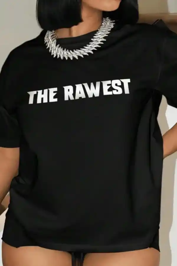 Kadın Baskılı T-Shirt Kısa Kol Bisiklet Yaka Oversize Rahat Kalıp Tişört - Siyah