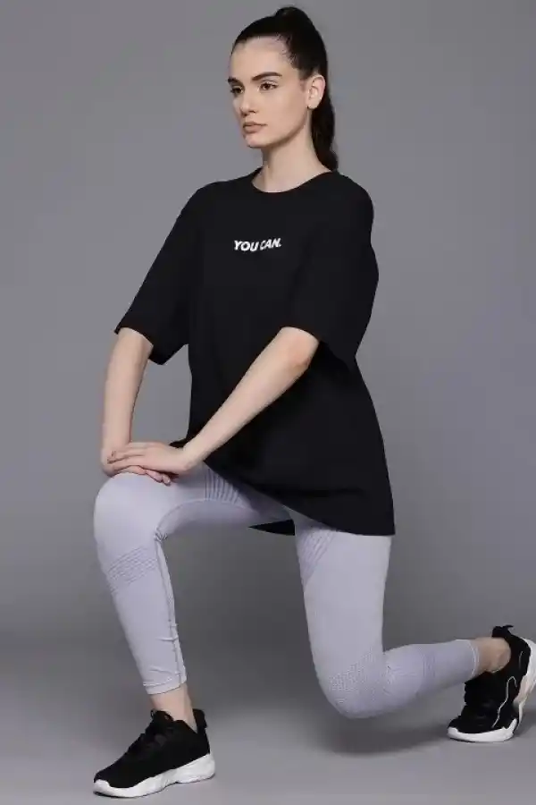 Kadın Baskılı T-Shirt Kısa Kol Bisiklet Yaka Oversize Rahat Kalıp Tişört - Siyah