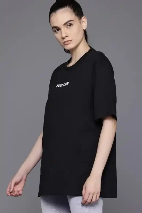 Kadın Baskılı T-Shirt Kısa Kol Bisiklet Yaka Oversize Rahat Kalıp Tişört - Siyah