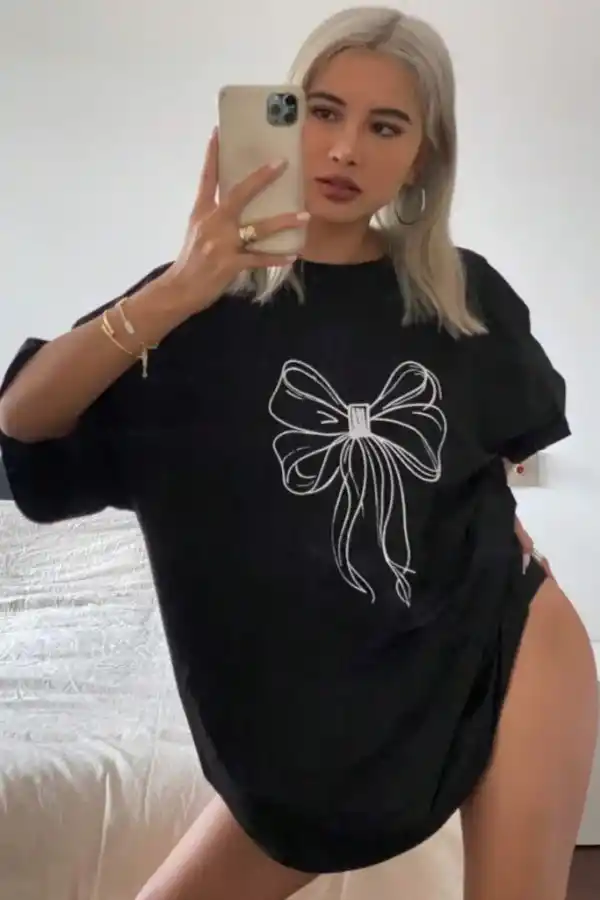 Kadın Fiyonk Baskılı T-Shirt Kısa Kol Bisiklet Yaka Oversize Tişört - Siyah