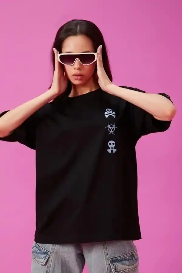 Kadın Kısa Kol Yazlık Tişört Bisiklet Yaka Baskılı Oversize T-Shirt - Siyah