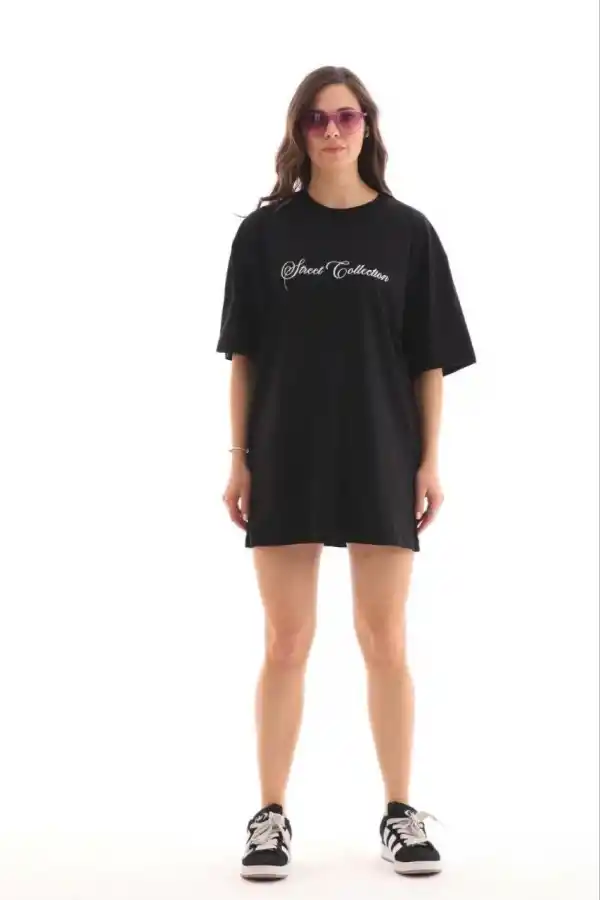 Kadın Kısa Kol Yazlık Tişört Bisiklet Yaka Baskılı Oversize T-Shirt - Siyah