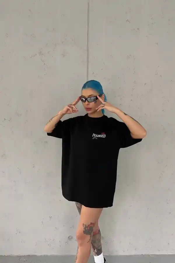 Kadın Bisiklet Yaka Baskılı kısa kol Oversize T-Shirt - Siyah