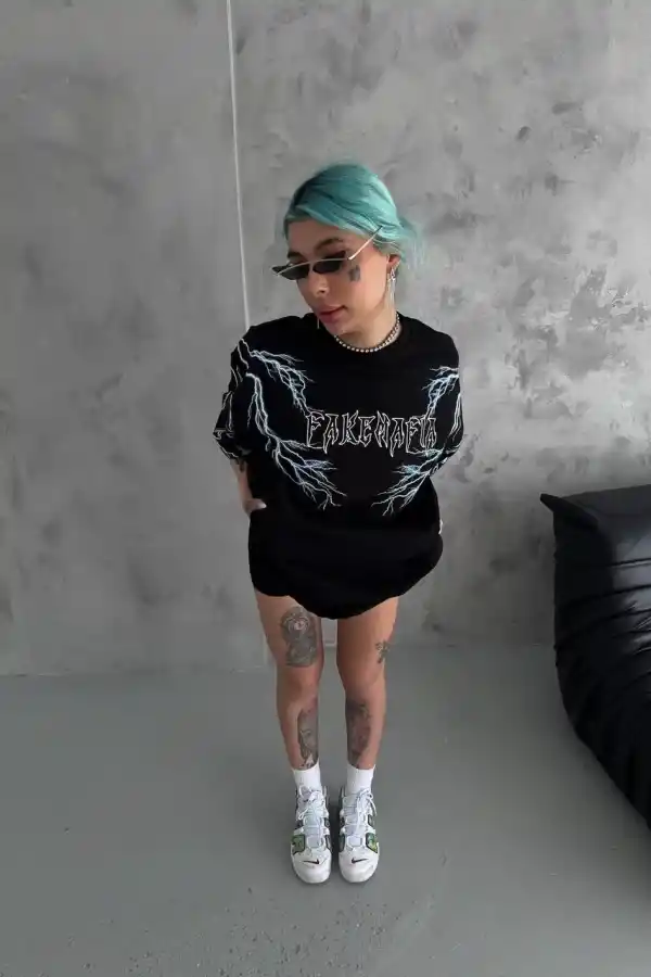 Kadın Bisiklet Yaka Baskılı  Kısa kol Oversize T-Shirt - Siyah