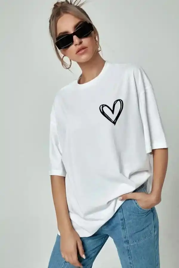 Kadın Tişört Bisiklet Yaka Baskılı Oversize T-Shirt - Beyaz