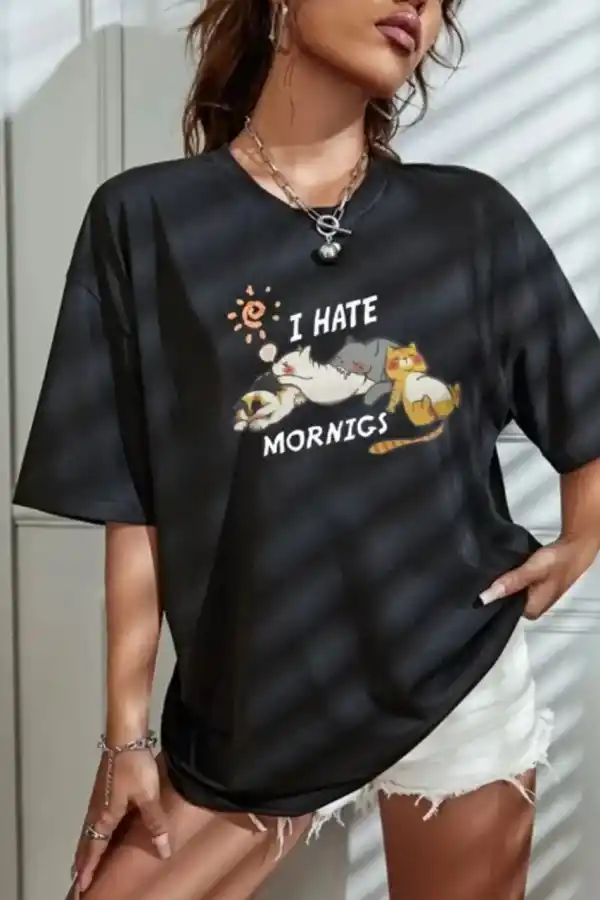 Kadın Tişört Bisiklet Yaka Baskılı Oversize T-Shirt - Siyah