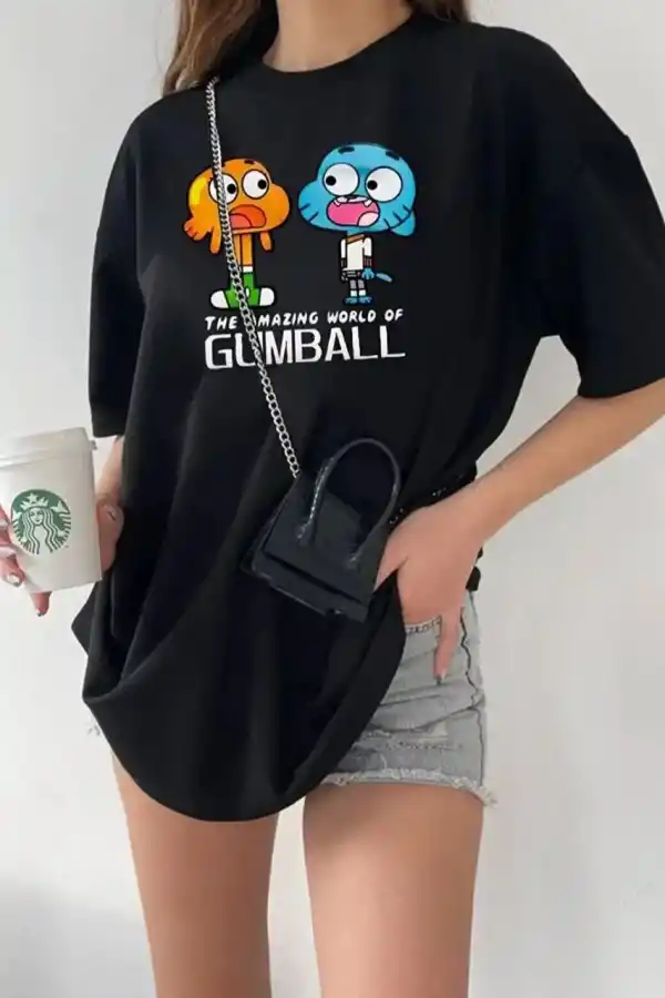 Kadın Kısa kol Tişört Bisiklet Yaka Baskılı Oversize T-Shirt - Siyah