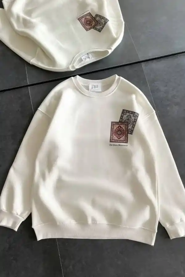 Kadın Bisiklet Yaka Kilim Halı Baskılı 3 İplik Pamuklu Sweatshirt - Beyaz