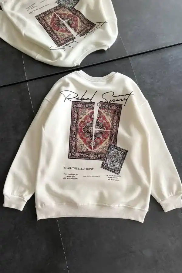 Kadın Bisiklet Yaka Kilim Halı Baskılı 3 İplik Pamuklu Sweatshirt - Beyaz