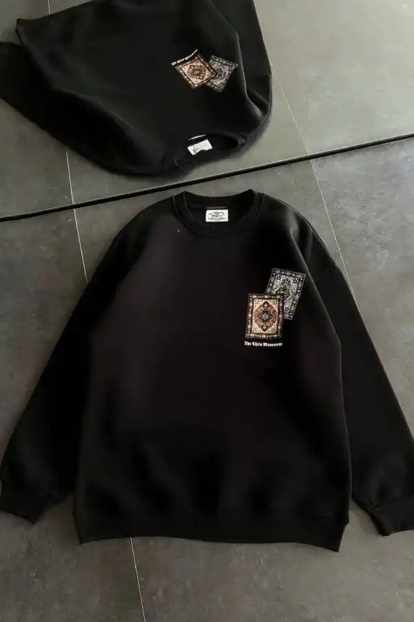 Kadın Bisiklet Yaka Kilim Halı Baskılı 3 İplik Pamuklu Sweatshirt - Siyah
