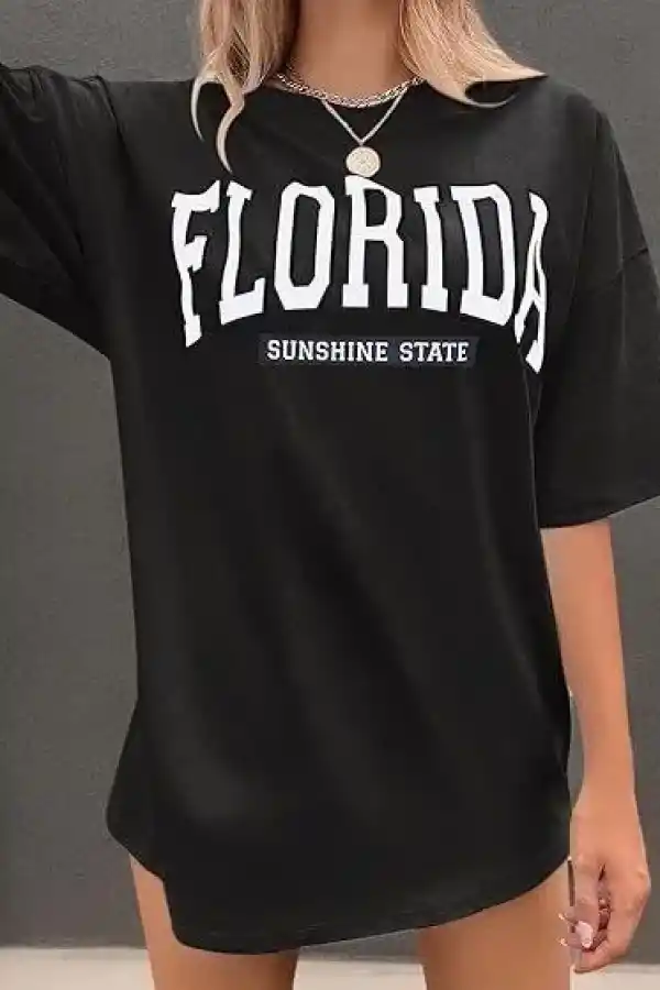 Kadın Kısa Kol Yazlık Tişört Bisiklet Yaka FLORIDA Baskılı T-Shirt - Siyah