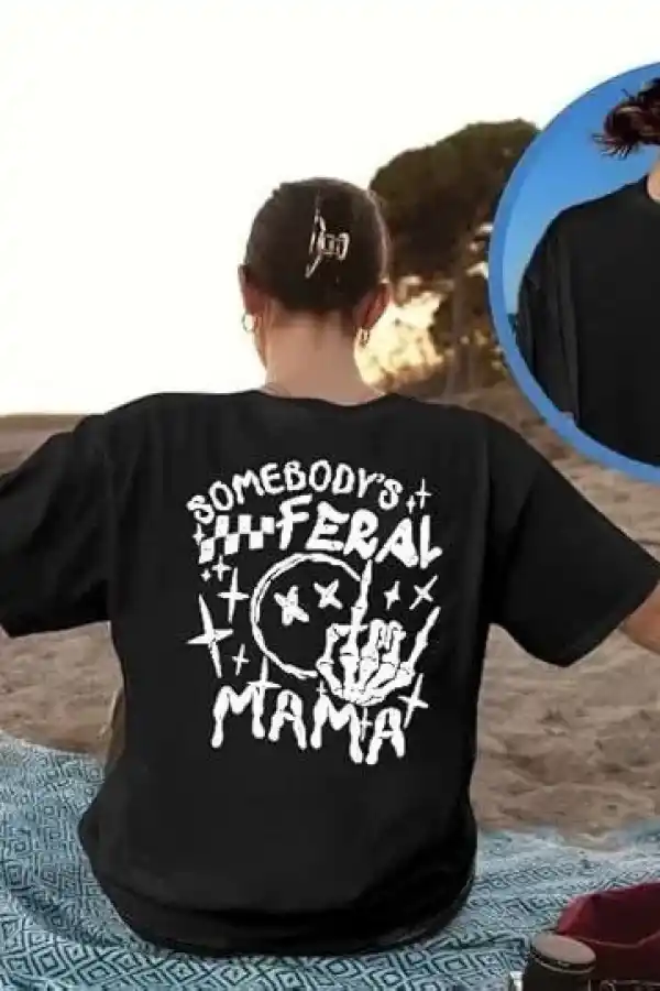 Kadın Baskılı T-Shirt Kısa Kol Bisiklet Yaka Oversize Rahat Kalıp Tişört - Siyah