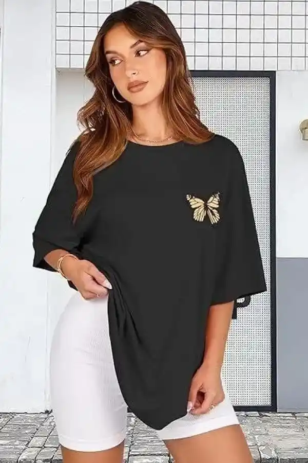 Kadın Baskılı T-Shirt Kısa Kol Bisiklet Yaka Oversize Rahat Kalıp Tişört - Siyah