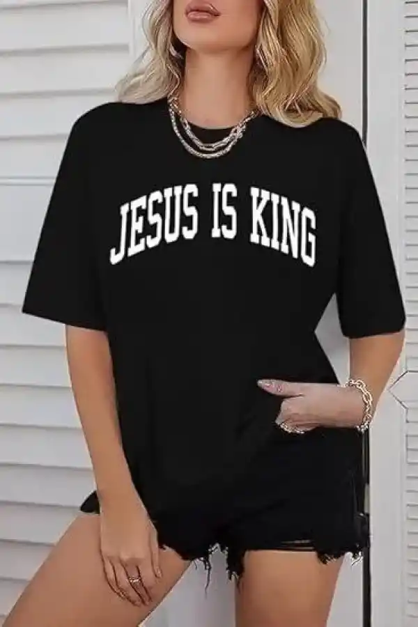 Kadın Baskılı T-Shirt Kısa Kol Bisiklet Yaka Oversize Rahat Kalıp Tişört - Siyah