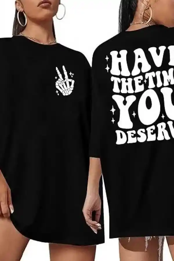 Kadın Baskılı T-Shirt Kısa Kol Bisiklet Yaka Oversize Rahat Kalıp Tişört - Siyah