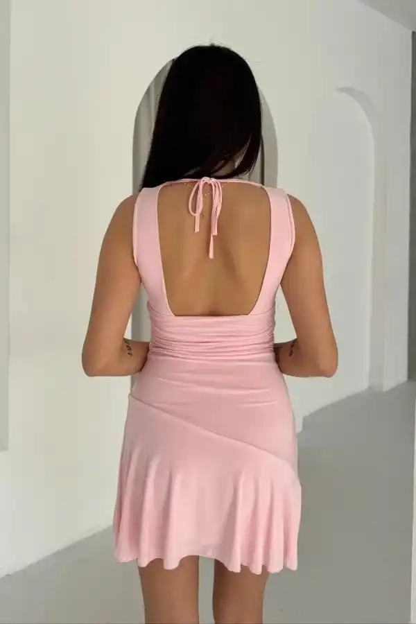 Kadın Derin V Yaka Sırt Dekolteli Mini Elbise Drapeli Şık Kolsuz - Pembe