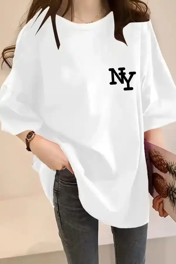Kadın T-shirt Eğlenceli Harf NY Baskılı Bisiklet Yaka Tişört - Beyaz