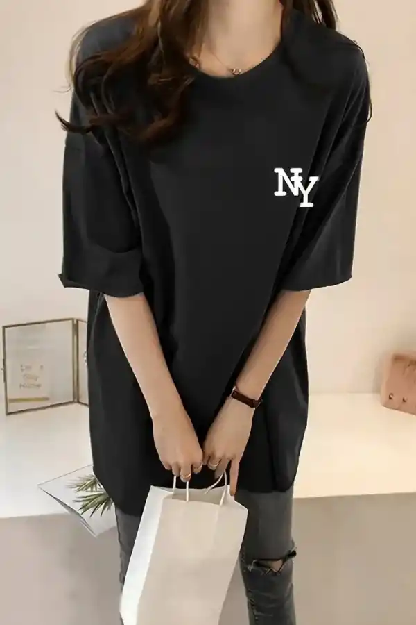 Kadın T-shirt Bisiklet yaka  NY Baskılı kısa kol Tişört - Siyah