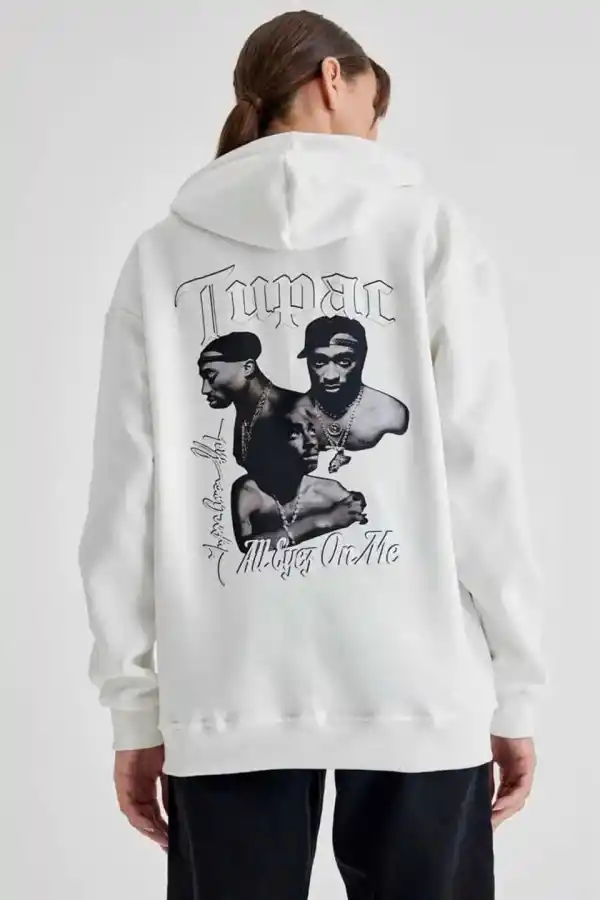 Kadın Oversize Kapüşonlu Cepli TUPAC Baskılı 3 İplik Pamuklu Hoodie Sweatshirt - Beyaz