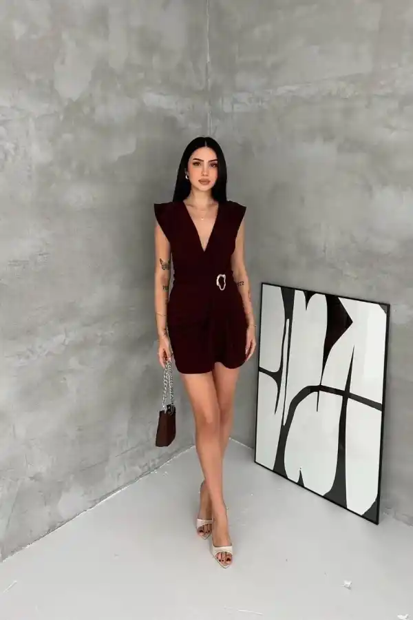 Kadın Kruvaze Drapeli Tokalı Mini Elbise Şık Gece Davet Abiye - Kahverengi