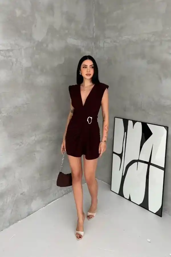 Kadın Kruvaze Drapeli Tokalı Mini Elbise Şık Gece Davet Abiye - Kahverengi
