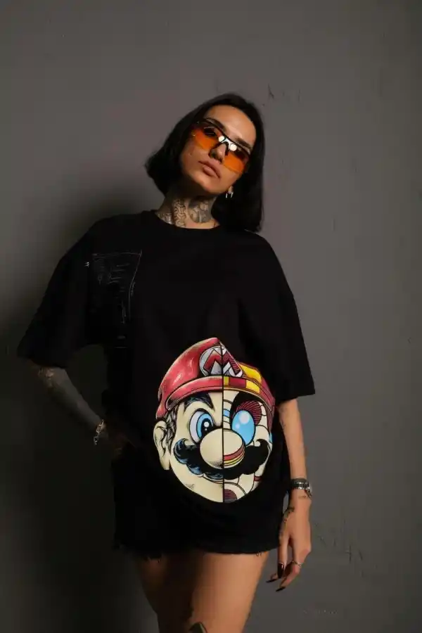 Kadın Mario Baskılı T-Shirt Oversize Kısa kol Bisiklet yaka tişort - Siyah
