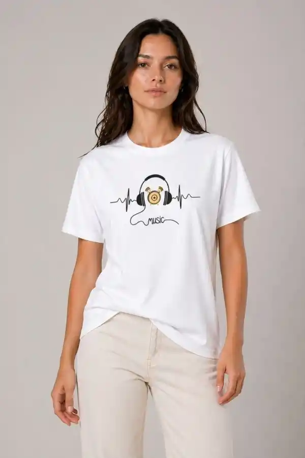 Kadın Müzik Temalı Baskılı Tişört Bisiklet Yaka Kısa Kol T-Shirt - Beyaz