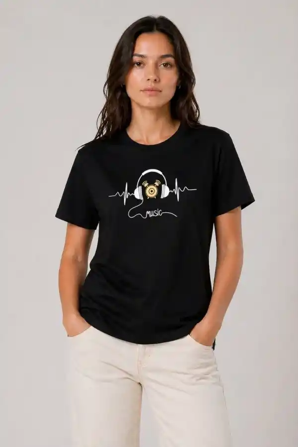 Kadın Müzik Temalı Baskılı Tişört Bisiklet Yaka Kısa Kol T-Shirt - Siyah